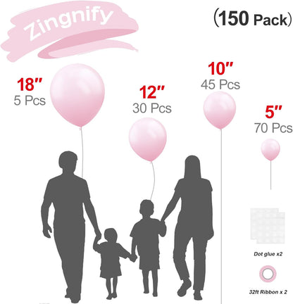 Pastel Pink Balloons by [Brand Name] - 150-Piece Set in 5", 10", 12", & 18" Sizes for Birthday Party Decor