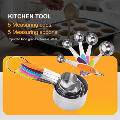 Skiennix Measuring Cups and Spoons Set - 10-Piece Stainless Steel with Silicone Handles | Stackable & Easy to Store
