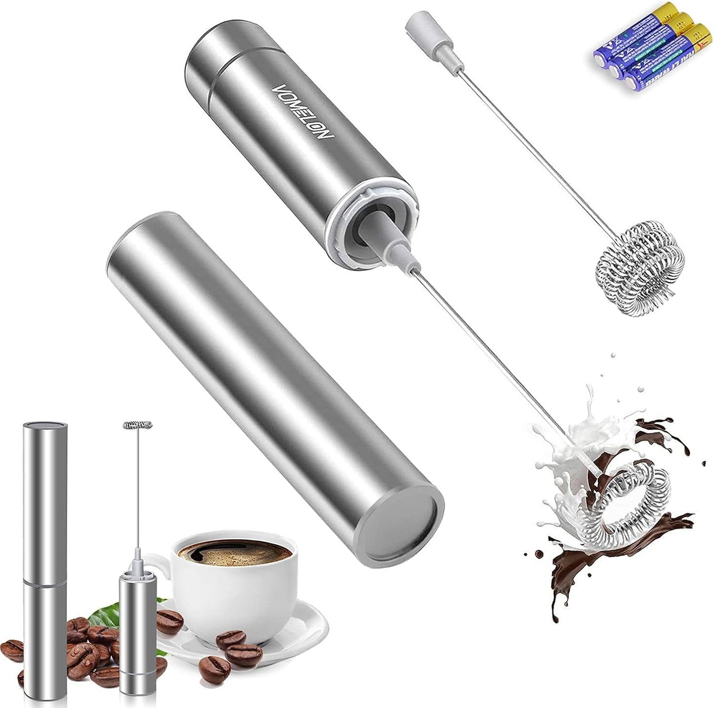 Skiennix Milk Frother - Handheld Battery Operated Drink Mixer with 2 Stainless Steel Whisks | Silver