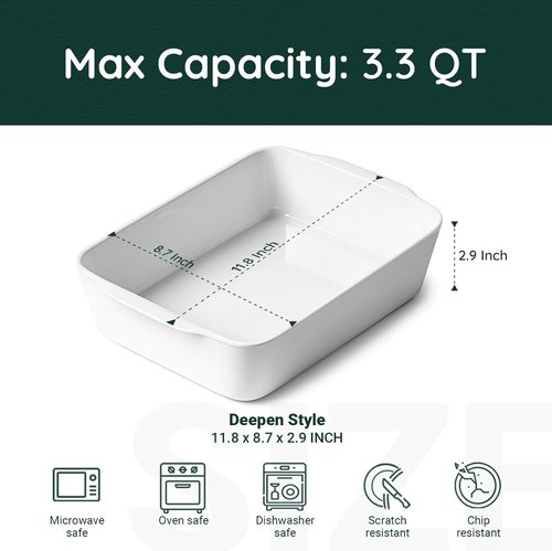 HOMBENE 3.3 QT Ceramic Baking Dish - White Casserole Dish for Oven & Microwave | Perfect for Lasagna (8.7" x 11.8")