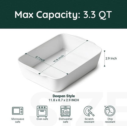 HOMBENE 3.3 QT Ceramic Baking Dish - White Casserole Dish for Oven & Microwave | Perfect for Lasagna (8.7" x 11.8")