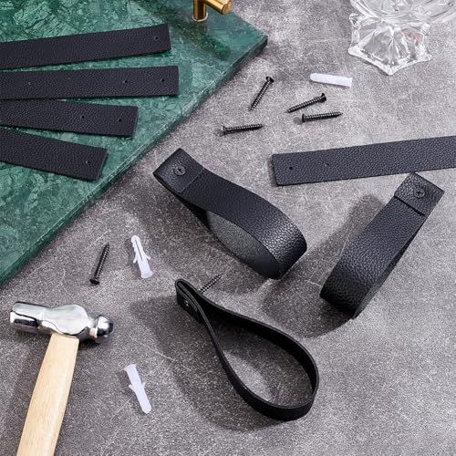 8PCS 10.55 Inch Black PU Leather Curtain Rod Bracket Straps Wall Hooks with Screws