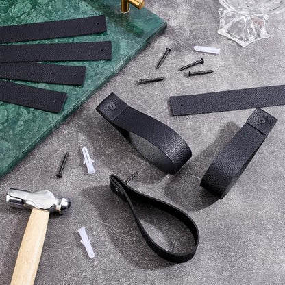 8PCS 10.55 Inch Black PU Leather Curtain Rod Bracket Straps Wall Hooks with Screws