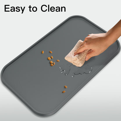 Pet Feeding Mat - Water-Proof Silicone with Raised Edge | Anti-Slip, BPA-Free, 23.5x13.5 Inch, Gray