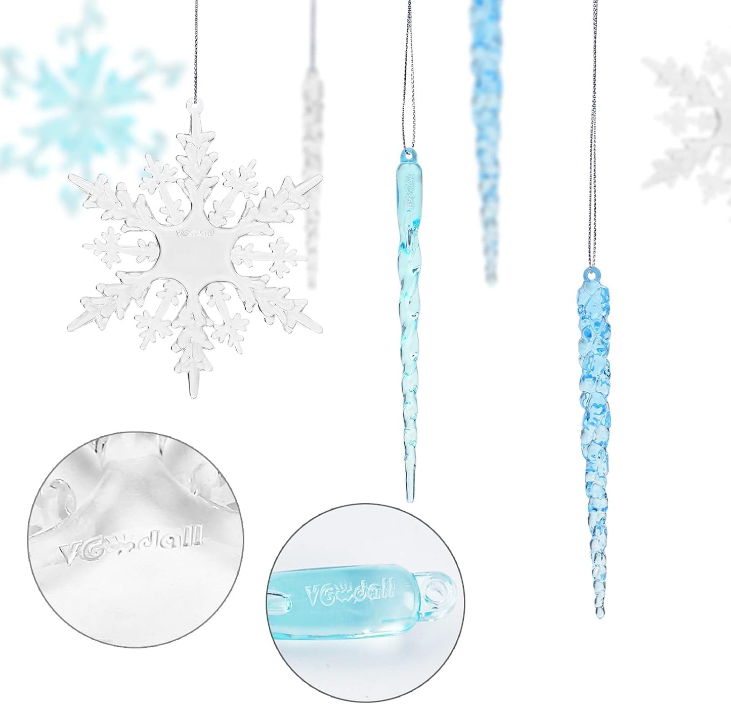 VGOODALL Clear Snowflake & Icicle Ornaments - 36PCS Acrylic Christmas Tree Decorations | Gold & Silver Strings