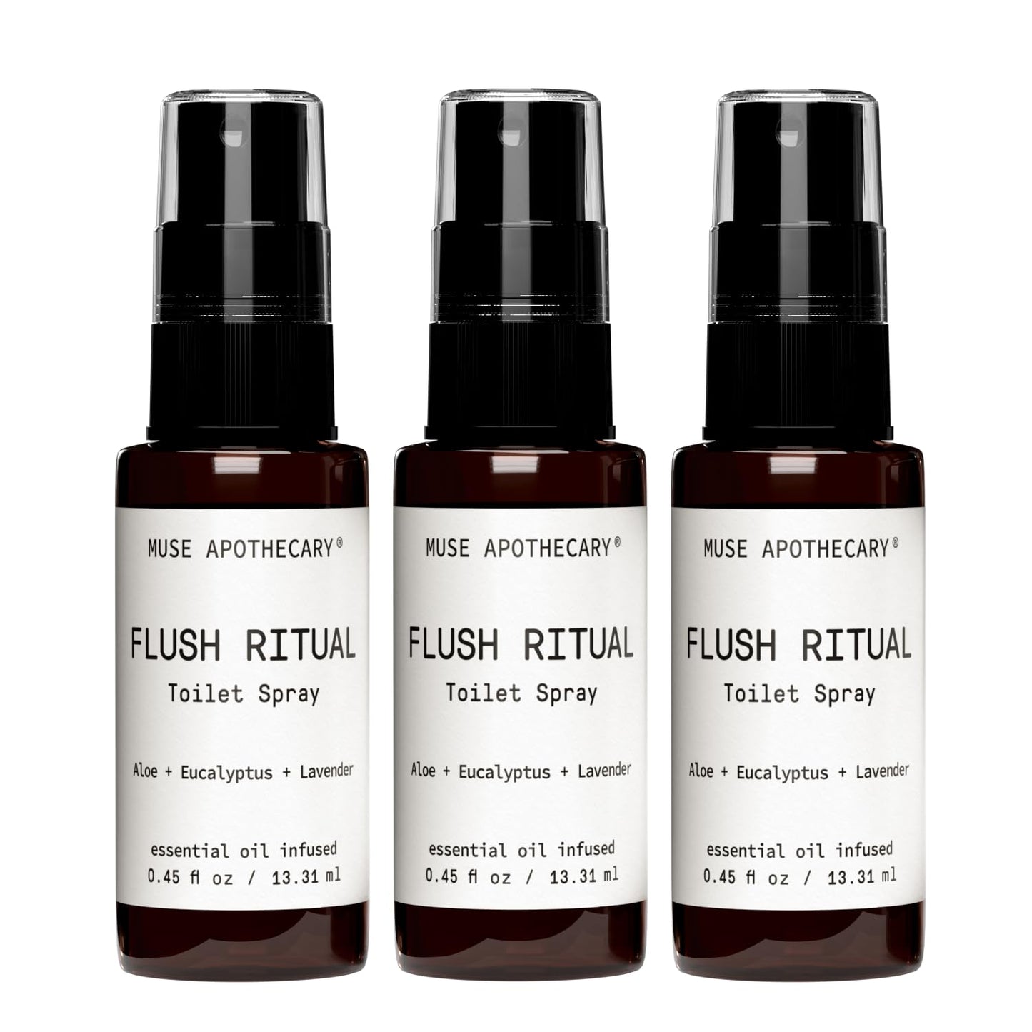 Muse Apothecary Flush Ritual Toilet Spray - Aromatic Essential Oils for Freshness | Aloe, Eucalyptus, Lavender - Travel Size Mini Collection, 0.45 oz, 3 Pack