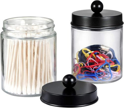 Amolliar Apothecary Jars Set - 4 Pack Bathroom Vanity Storage Organizers with Stainless Steel Lids & Cute Stickers | Black Qtip Dispenser for Cotton Swabs & Makeup Sponges