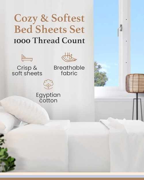 Good Sleep Bedding 100% Egyptian Cotton Queen Sheets - 4 Pc Sateen Weave Set, 16" Deep Pocket - White