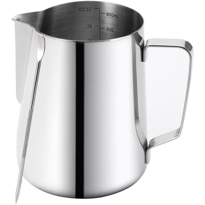 Nicunom Milk Frothing Pitcher 32oz Stainless Steel Steaming Pitcher with Decorating Art Pen, Milk Coffee Cappuccino Latte Art Barista Steam Pitchers Milk Jug Cup for Espresso Machines Latte Art