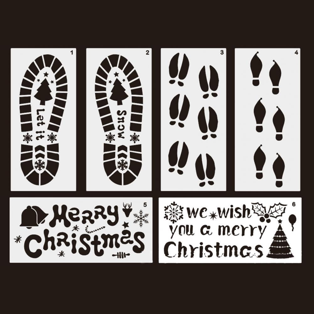Skiennix 6 Pcs Christmas Santa Footprint Stencils - Reusable Elk & Snowflake Designs for Holiday Decor