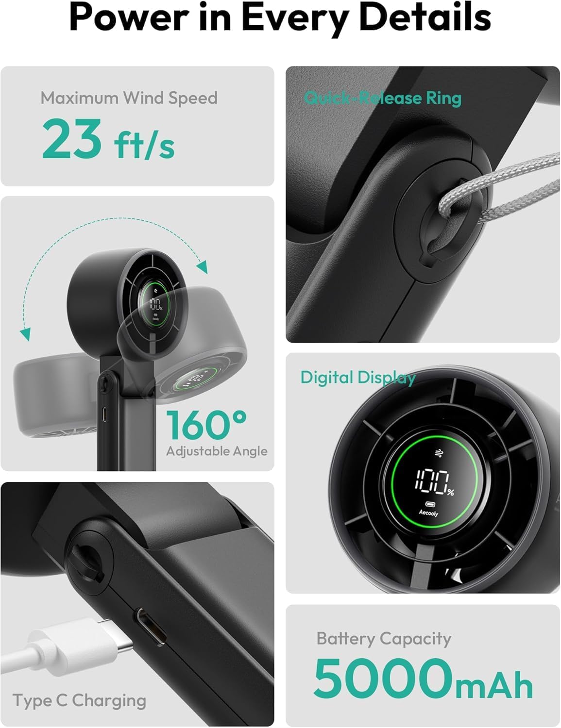 Aecooly Portable 3-in-1 Turbo Handheld Fan - USB Rechargeable Mini with 22H Cooling Time | Black