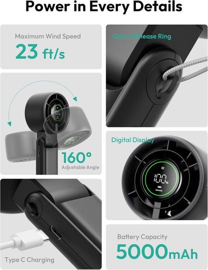 Aecooly Portable 3-in-1 Turbo Handheld Fan - USB Rechargeable Mini with 22H Cooling Time | Black