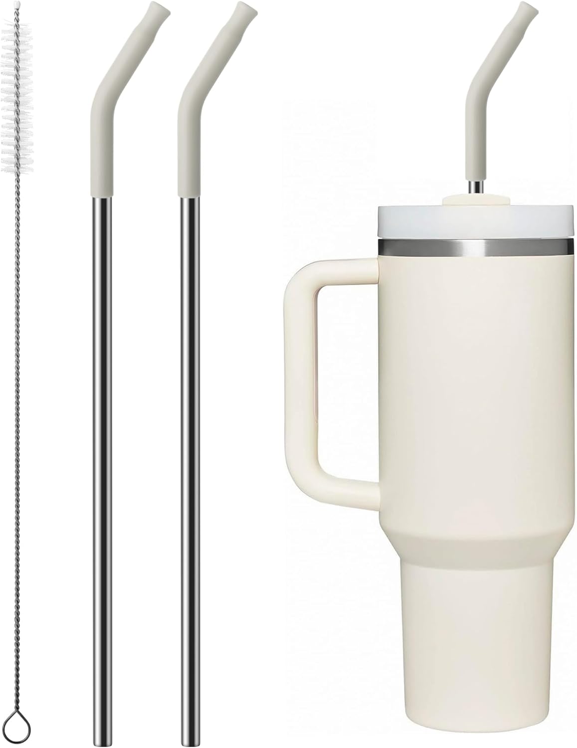 Skiennix Metal Straw Set - Silicone Tip & Stainless Steel for 40oz Stanley Cup | 2 Straws + Brush (Cream Grey)