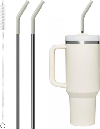 Skiennix Metal Straw Set - Silicone Tip & Stainless Steel for 40oz Stanley Cup | 2 Straws + Brush (Cream Grey)
