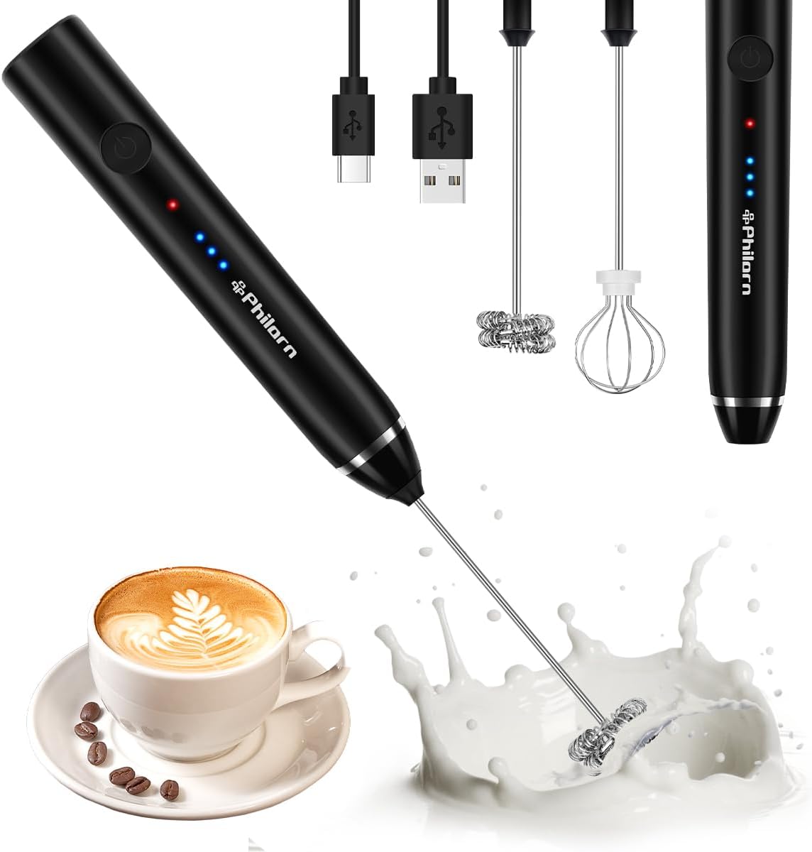 Philorn Milk Frother - Handheld Electric Whisk for Lattes, Cappuccino & More | Rechargeable Mini Foamer (Black)