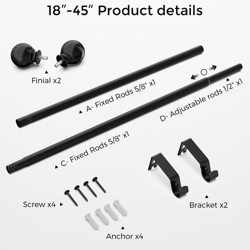 JRZOO Curtain Rod for Windows 18-45 Inch, Black 5/8 Inch Small Window Treatment Rods, Short Adjustable Splicing Drapery pole, Matte Black