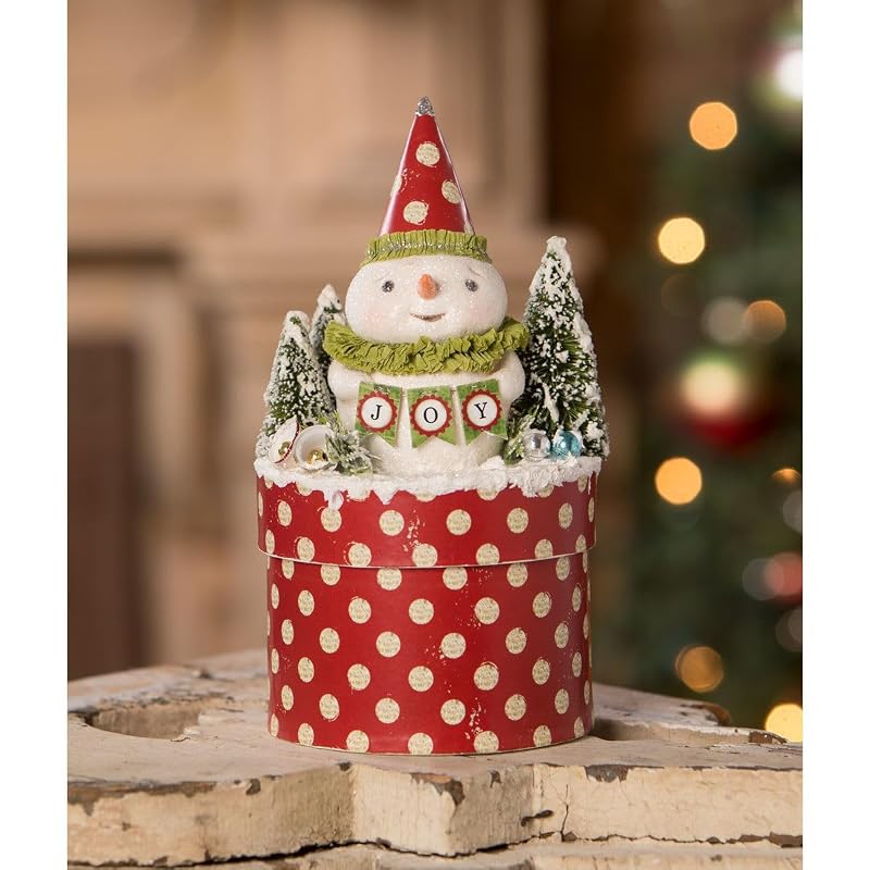 Bethany Lowe Joy Snowman on Box 7.75" – Hand-Painted Holiday Figurine