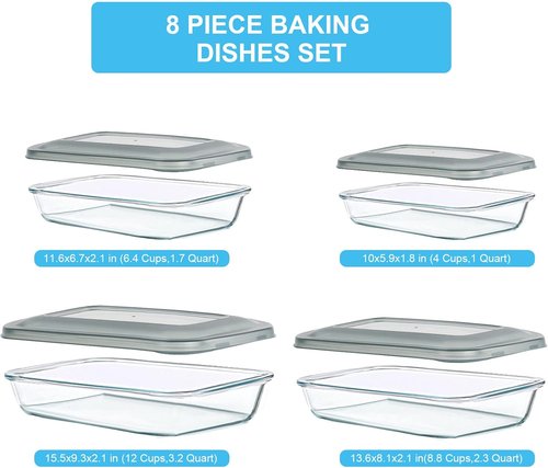 KOMUEE Glass Baking Dish Set - 8 Pieces with Lids for Lasagna & Leftovers | Rectangular Bakeware in Gray