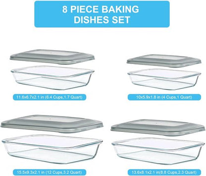 KOMUEE Glass Baking Dish Set - 8 Pieces with Lids for Lasagna & Leftovers | Rectangular Bakeware in Gray