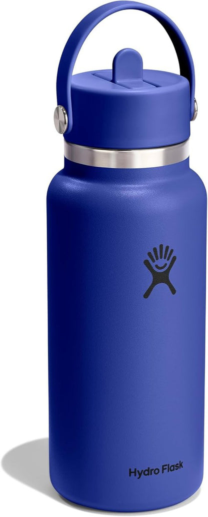 Hydro Flask Water Bottle - Insulated Stainless Steel with Wide Mouth Flex Straw Lid - 32 Oz Capri Blue