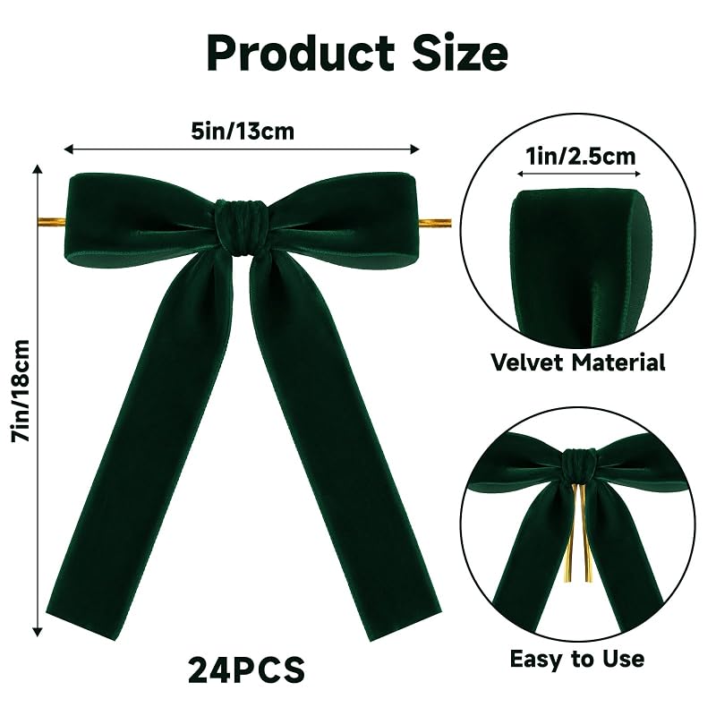 1'' Dark Green Velvet Bows, 24 Pcs for Christmas Tree Decoration - KINGLAKE Variation: Dark Green+1 Inch