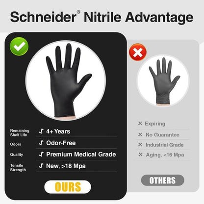 Schneider Nitrile Exam Gloves, Black Latex Free Powder Free Disposable Gloves for Medical, Cooking, Cleaning, and Food Prep (Medium, 200)