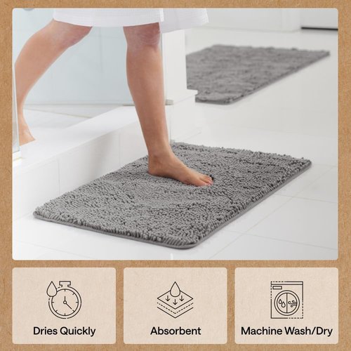 GORILLA GRIP Bath Rug Mat - Soft Absorbent Chenille | Quick Dry Microfiber, 36x24, Grey