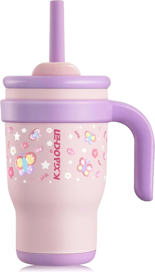 KXIAOCHEN Toddler Tumbler - Spill Proof 14 Oz Insulated Stainless Steel | Keeps Drinks Cold 24 Hrs, Pink Butterfly