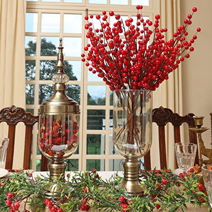 24 Pack Red Berry Stems for Christmas Decorations - 17in Holiday Floral Filler