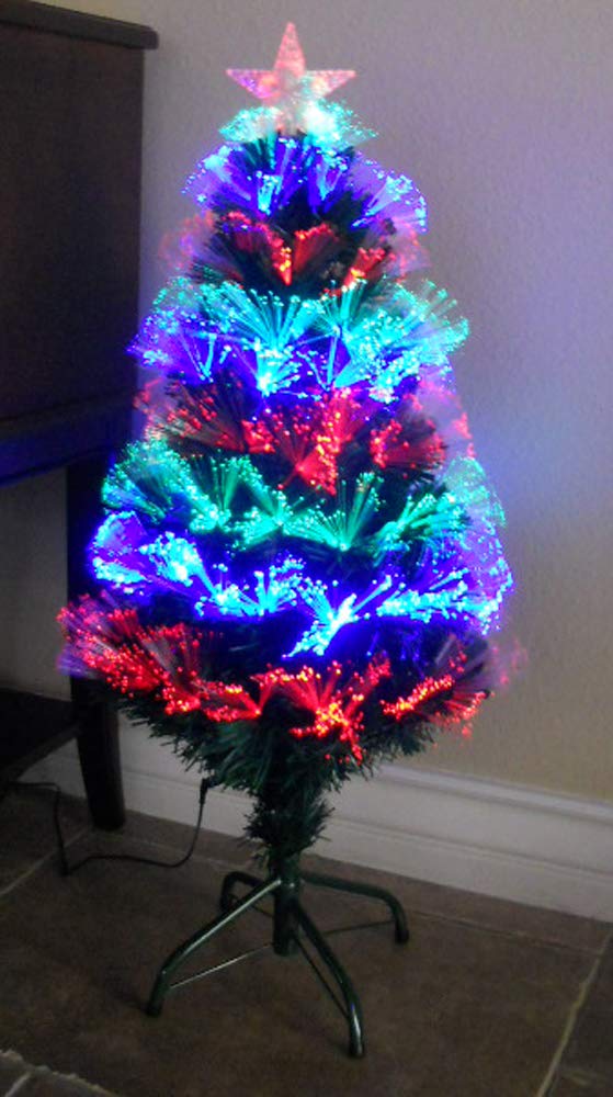 Tektrum 36in Color Changing Fiber Optic Christmas Tree with LED Star Top - Pre-Lit Circular Lights, Metal Stand (Variation: 3ft)