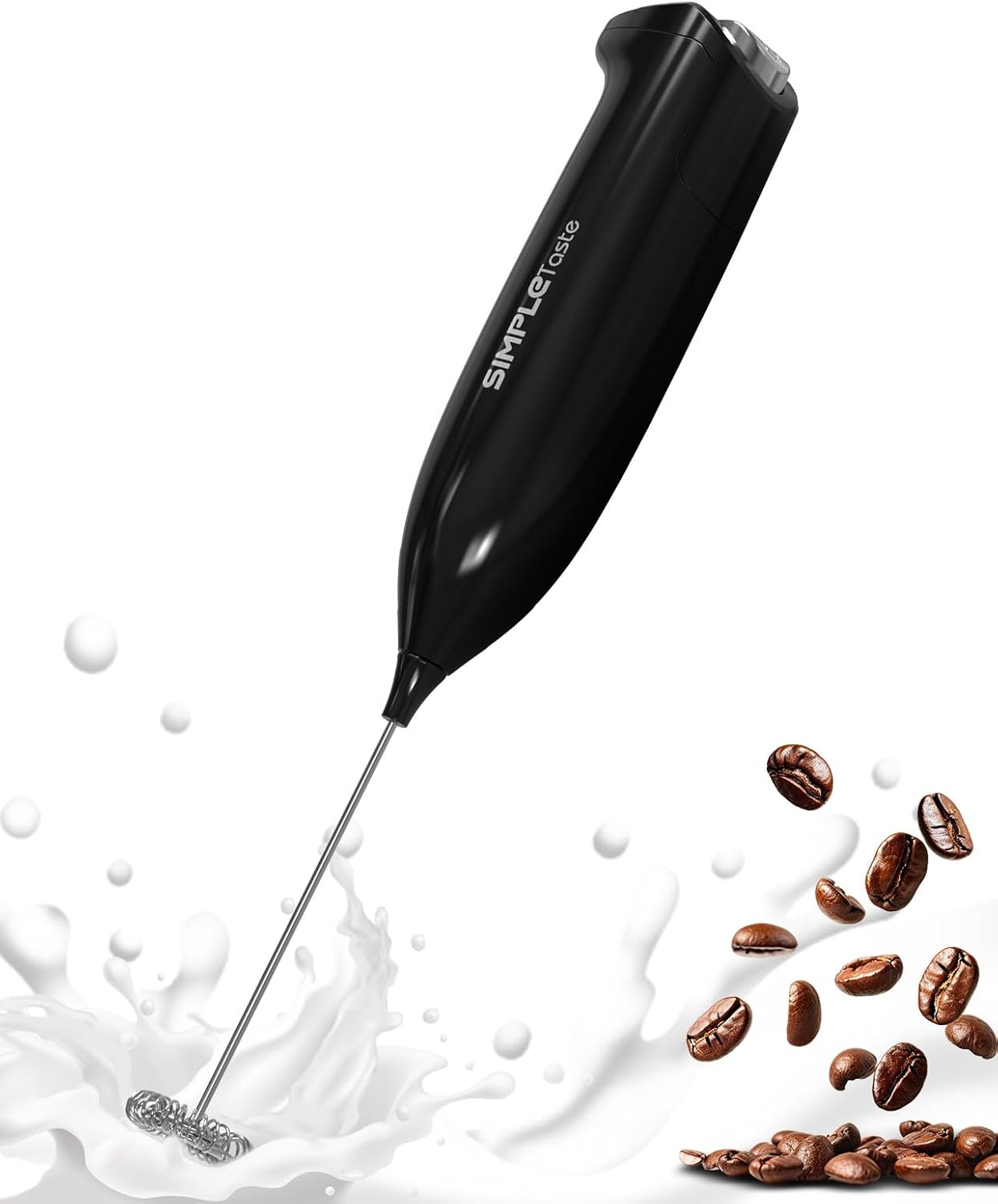 SimpleTaste Handheld Electric Milk Frother - Stainless Steel Whisk for Cappuccino & Latte | Midnight Black