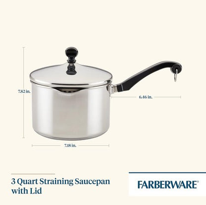 Farberware Classic Stainless Steel 3-Quart Covered Straining Saucepan - Durable Silver Design