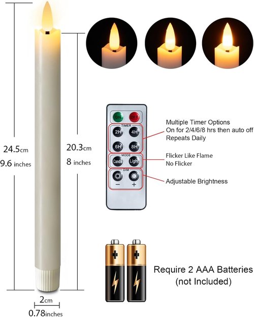Homemory Flameless Taper Candles - Remote Timer & Dimmer, Flickering LED, Ivory, 9.6 Inches, 6 Pcs for Weddings & Christmas Decor