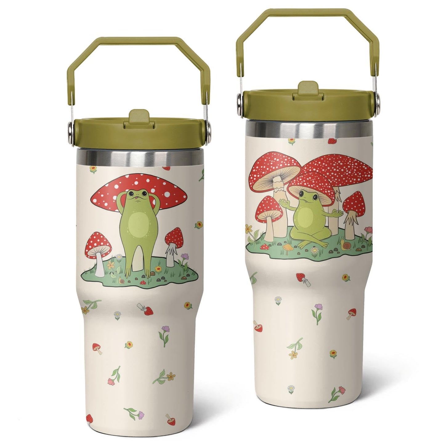 Unyopsa Frog Tumbler with Handle Thermal Insulated Mushroom Water Bottle 30oz Flip Straw Cute Frog Themed Gifts