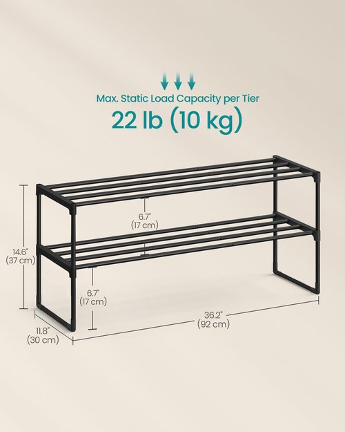 SONGMICS Shoe Rack, 2-Tier Shoe Organizer, Metal Storage Shelf, Upright or Upside Down, for 12-15 Pairs, Stackable, for Entryway, 11.8 x 36.2 x 14.6 Inches, Black ULSA12BK