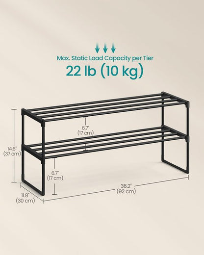 SONGMICS Shoe Rack, 2-Tier Shoe Organizer, Metal Storage Shelf, Upright or Upside Down, for 12-15 Pairs, Stackable, for Entryway, 11.8 x 36.2 x 14.6 Inches, Black ULSA12BK