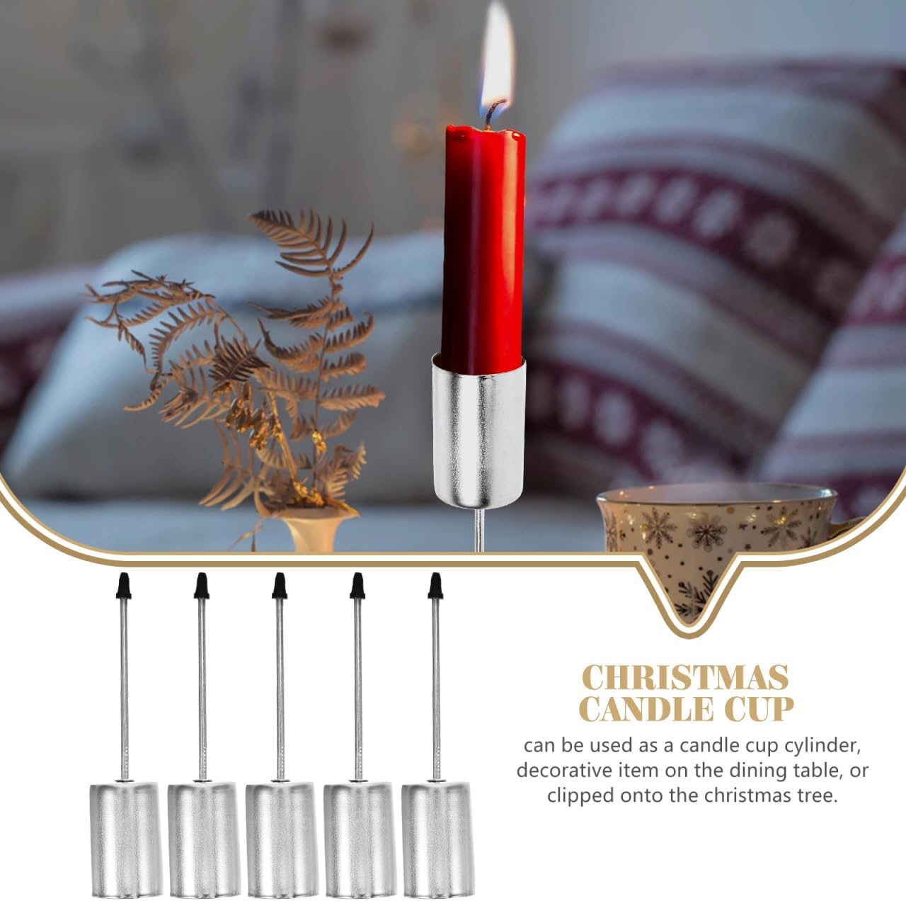 UKCOCO Silver Iron Candle Holders - 5 Pcs with Spike Taper Cups for Christmas Tree & Party Decor