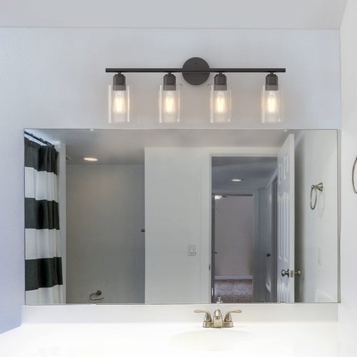 Espird 4 Light Bathroom Vanity Light Fixtures Black,Rustic Farmhouse Vanity Lighting Over Mirror Modern Industrial Lamp with Cylinder Glass Shade UL Certified