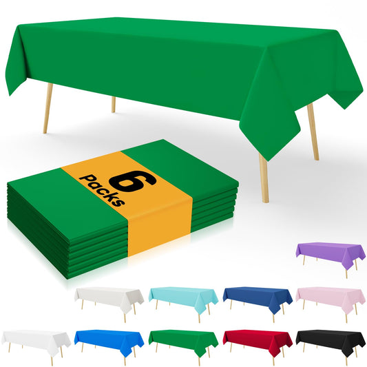 smiry Disposable Table Cloth 6 Pack, 54 x 108 Inch Table Cloths for Parties, Decorative Tablecloths for Rectangle Tables, Waterproof Plastic Table Cover, Leakproof & Sturdy, Green