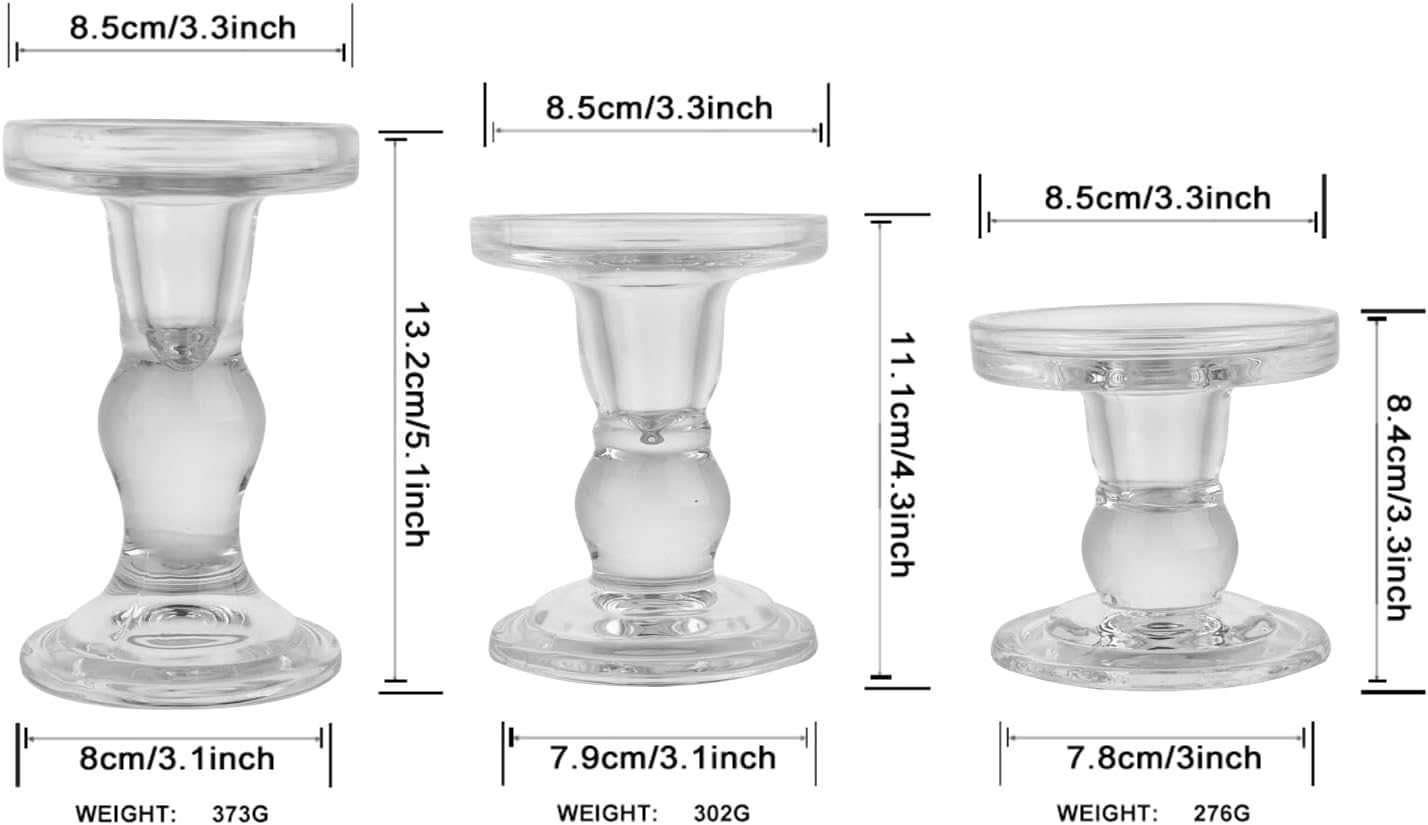 Skiennix 3-Piece Glass Candlestick Set - Elegant Crystal Holders for Christmas & Weddings | Clear