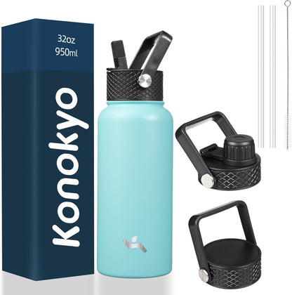 Skiennix 32 Oz Insulated Stainless Steel Water Bottle - Durable Sport Bottle with 3 Lids | Turquoise