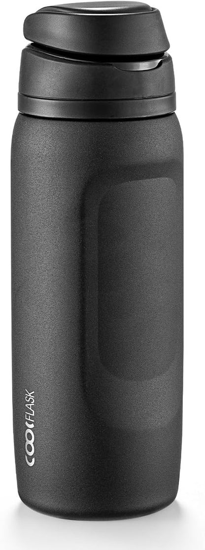 Coolflask MegaSip 32 oz Stainless Steel Water Bottle - Insulated, Leak-Proof, BPA-Free | Midnight Black