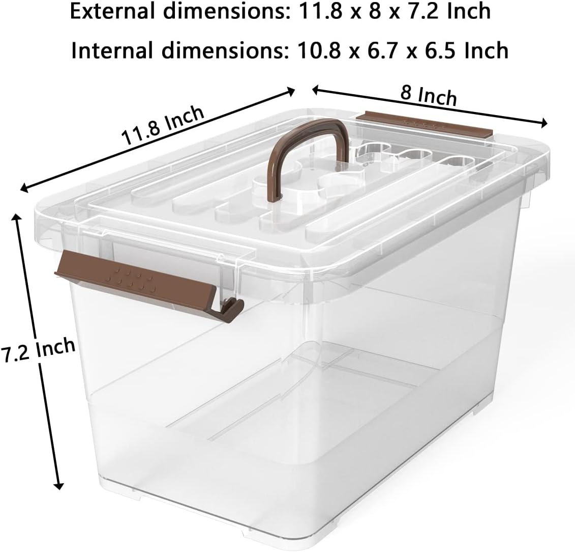 WYT 7 Quart Clear Storage Latch Box - Stackable Plastic Bins with Brown Handle & Lid | Multi-Purpose 6-Pack