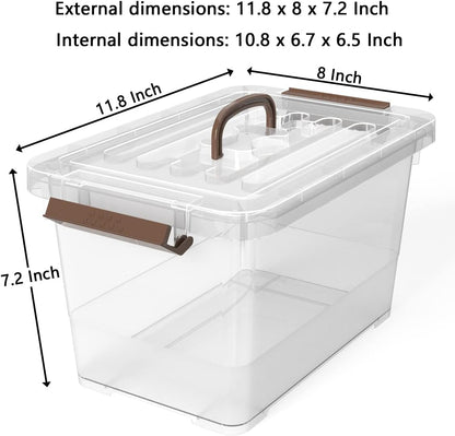 WYT 7 Quart Clear Storage Latch Box - Stackable Plastic Bins with Brown Handle & Lid | Multi-Purpose 6-Pack