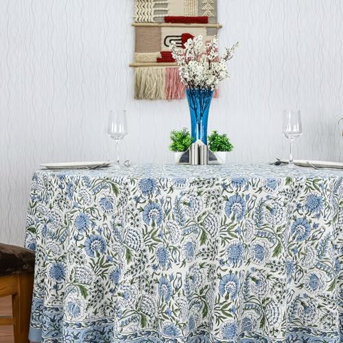 Smalt Blue 72-Inch Round Hand Block Printed Cotton Tablecloth - Floral Home Decor