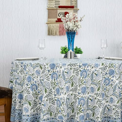 Smalt Blue 72-Inch Round Hand Block Printed Cotton Tablecloth - Floral Home Decor