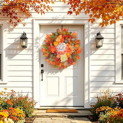 Fall Wreath for Front Door 24-Inch Autumn Harvest Wreath with Dahlias - Orange Variation