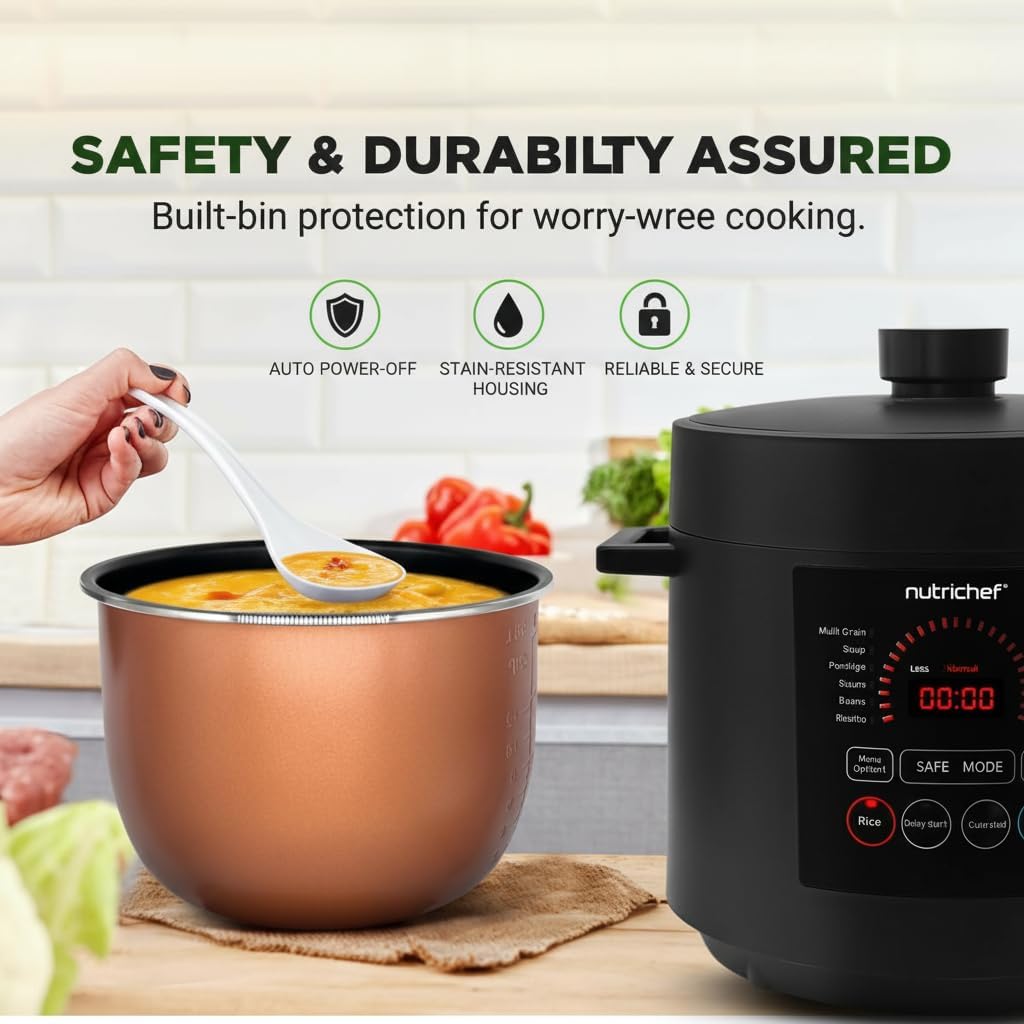 NutriChef Electric Pressure Cooker - 6 Quart Capacity | 9-in-1 Digital Multi-Cooker | Adjustable Time & Temperature | Black Finish