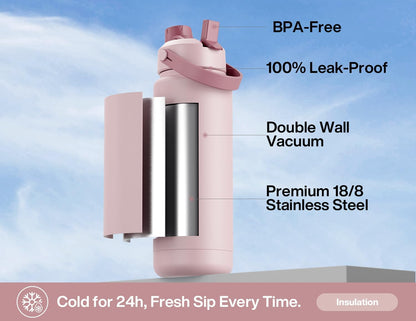 POWCAN 32 oz Insulated Water Bottle - 2-in-1 Straw & Spout Lid, Keeps Drinks Cold 24H | BPA-Free, Leak-Proof (Dried Rose)