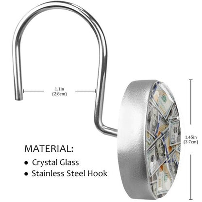 LRCCJS Money Design Shower Curtain Hooks - 12 Pack Decorative Dollar Bill Print Bathroom Curtain Rings, ABS Resin Anti-Rust Hook Set for Standard Rods
